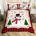 Manfei Cute Snowman Duvet Cover Set King Size, Xmas Trees Snowflake Comforter Cover with 2 Pillowcases, Christmas Theme Red Plaid Bedding Set 3pcs for Kids Girls New Year Bedspread Cover,No Comforter