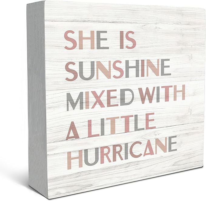 SRADMO She Is Sunshine Mixed with a Little Hurricane Boho Wood Box Sign Desk Decor, Girls Baby Inspirational Quotes Wooden Block Box Sign Decoration For Girls Room Shelf Table Nursery Playroom Decor
