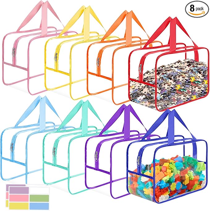 8 Packs Widen X-Large Toy Storage Bags 12.6×9.25×6.9In with Labels, Reusable Clear PVC Board Game Storage, Travel Waterproof Organizer Bags with Zipper for Building Blocks, Puzzle, Stuffed Animals