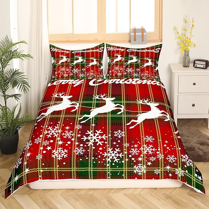 Manfei Christmas Duvet Cover Set King Size, White Deer and Snowflake Print Comforter Cover with 2 Pillowcases, Red Plaid Print Bedding Set 3pcs for Kids Boys Girls Bedroom Decor,No Comforter