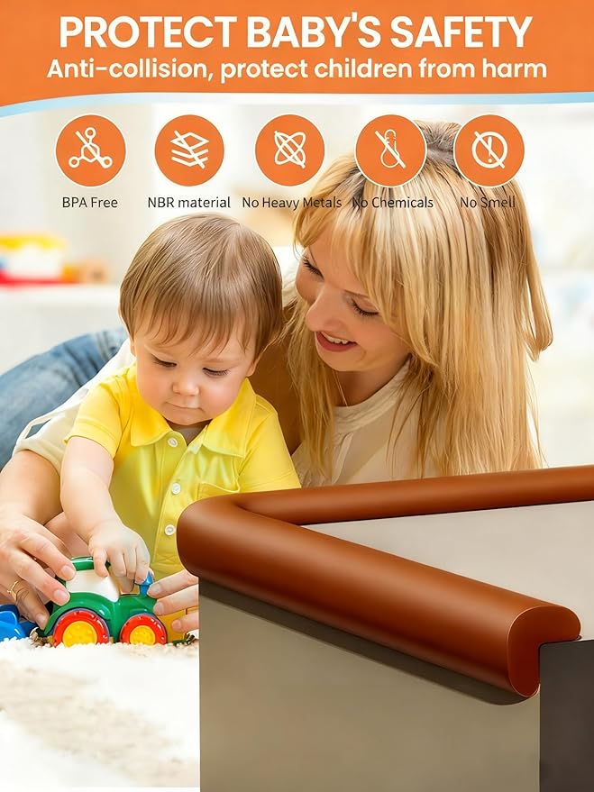 Baby Proof Edge Corner Protector, 6.56FT 0.47''Th L-Shape Furniture Corner & Edge Safety Bumpers with 6 Corners, Pre-Taped, Soft NBR Rubber Foam Desk Edge Cushion Wall Corner Protector（Coffee）