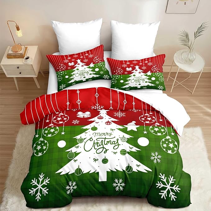 Red Christmas Duvet Cover King Size Green Christmas Tree Gingham Bedding Set Kids Boys Girls Checked Holiday Pattern Comforter Cover 3 Pieces with Zipper Closure (No Comforter)