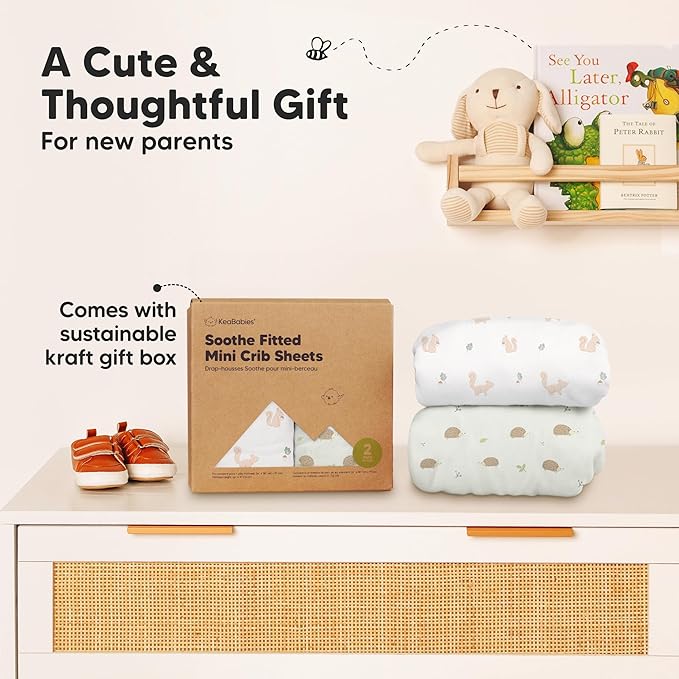 2-Pack Mini Crib Sheets Fitted - 38x26 Pack N Play Sheets for Pack and Play Mattress, Organic Cotton, Soft & Breathable Playard Bedding, Neutral Mini Toddler Bed Cover for Boys, Girls (Nibbles/Bruce)