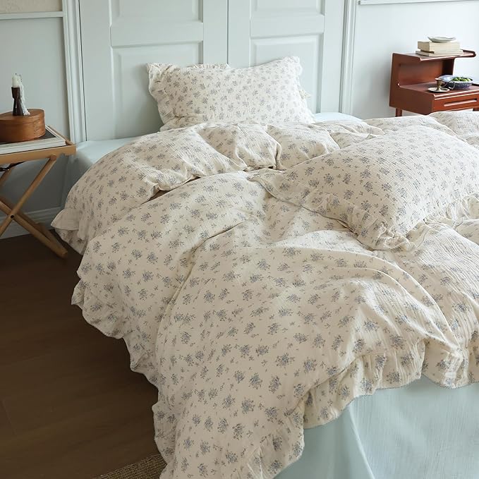 BuLuTu Vintage Blue Floral Duvet Cover Queen Size, Cotton Muslin Quilt Cover with Ruffles, Farmhouse Bedding Comforter Cover 90"x90", Zipper & Corner Ties, Freesia Print, No Pillow