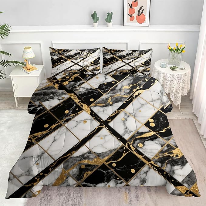White Marble Comforter Set: Twin Size Geometric Black and Gold Bedding Sets Abstract Marbling Quilts for Teens Kids Modern Aesthetic Bed Set 1 Comforter & 1 Pillowcase