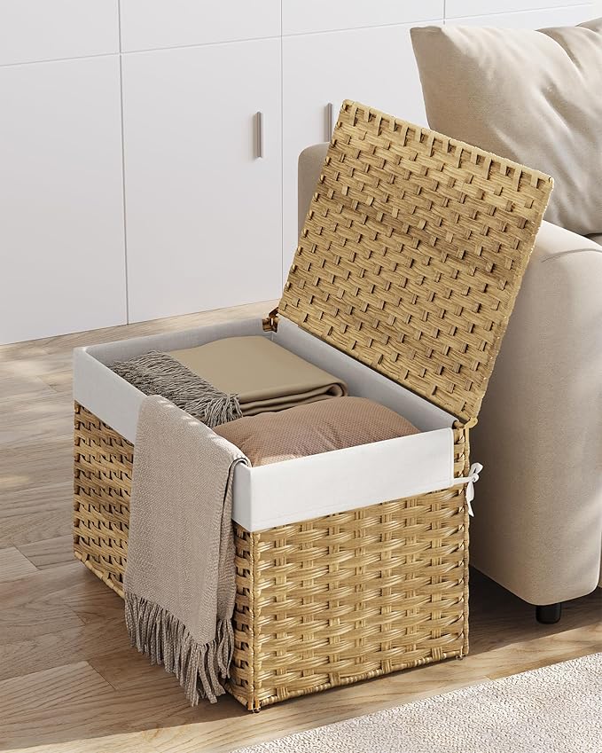SONGMICS Storage Basket with Lid, 27.7 Gallon (105L) Storage Bin, Woven Blanket Storage Basket with Handles, Foldable, Removable Liner, Metal Frame, for Bedroom, Laundry Room, Natural URST066N01