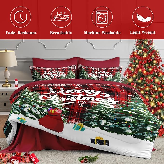 5 Pcs Twin Size Christmas Comforter Set with Pillowcase & Sham, Green Cartoon Trees Bedding for Kids and Adults, Black Red Plaid Bed in a Bag with Flat Fitted Sheet