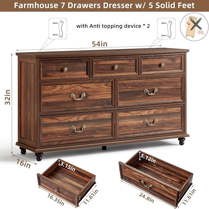 Farmhouse Dresser and Nightstand Sets, Wooden 7 Drawers Dresser & 24" Night Stand with 3 Drawers, 2 Piece Bedroom Furniture Set, Chest of Drawers for Bedroom, Home, Living Room, Hallway