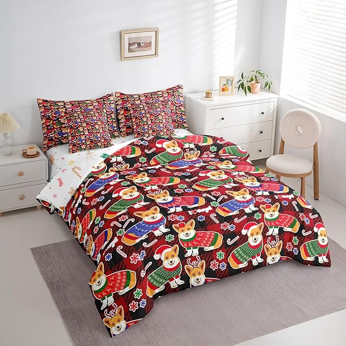 Feelyou Cute Dog Comforter Set with Sheets Cartoon Christmas Bed Set for Kids Boys Girls Merry Christmas Decor Bed in a Bag Red Geometric Lattice Bedding Set Bedroom Collection King Size