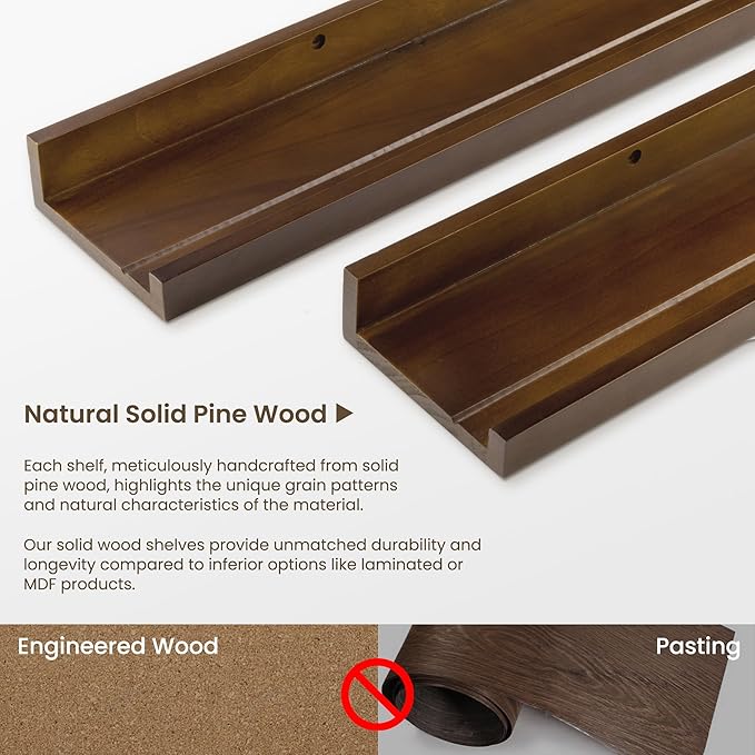 Fun Memories Picture Ledge Shelf, Pine Wood Floating Shelves Set of 2, 55 inch Nursery Book Shelves, Photo Ledge Book Shelves Wall Mounted for Living Room Kids' Room Bedroom - Walnut