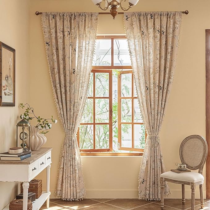 ENJOYBRIDAL Floral 84 Inch Curtains 2 Panel Set Coquette Rod Pocket Drapes Boho Bedroom Semi Sheer Aesthetic Window Curtain Panels Farmhouse Living Room Decorations Vintage Tassel Window Treatments