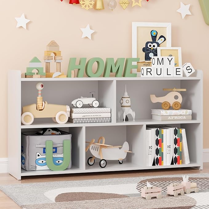 Kids Book Shelf Set of 2, 5 Cubes Storage Organizer Montessori Shelf, Wooden Kids Bookcase, Toy Storage Organizer for Children, White Toddler Bookshelf Cube Shelf for Kid’s Room, Classroom