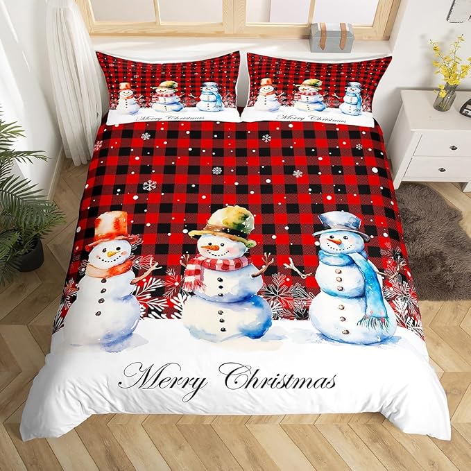 Xmas Snowman Duvet Cover Set Full Size, Christmas Bedding Set 3pcs for Kids Boys Girls Bedroom Decor, Red Black Plaid Print Comforter Cover with 2 Pillowcases,Snowflake Print Quilt Cover,No Comforter