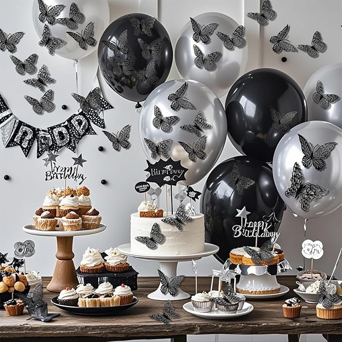 3D Butterfly Wall Decor 3 Sizes 4 Styles Butterfly Party Decorations Cake Decorations Removable Stickers Wall Halloween Decor Room Mural Metallic Kids (Black, 48Pcs)