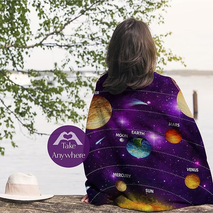 Outer Space Blanket for Kids with Colorful Planetary Solar System, Cute Space-Age Throw for Boys and Girls, Soft and Plush, Early Learning and Educational Fun (Sherpa - 60x80)