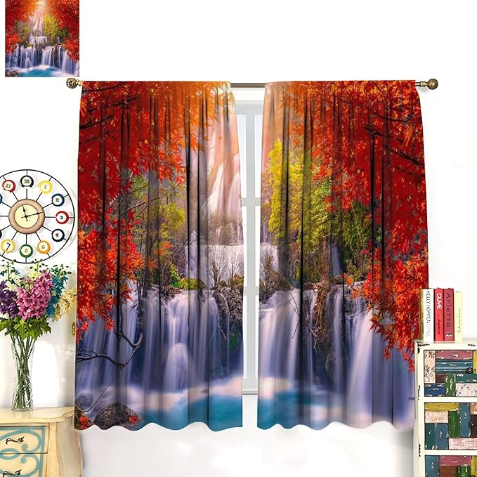 Forest Waterfall Blackout Windows Curtains, Autumn Red Green Maple Leaves Jungle Rainforest Natural Scenery Landscape Curtains, for Living Room Bedroom 63x72in 2 Panels