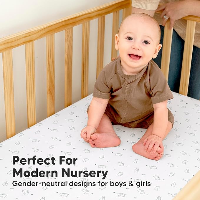 2-Pack Waterproof Baby Crib Sheets for Boys, Girls - 52x28 Viscose Derived from Bamboo Toddler Bed Sheet Neutral, Fitted Crib Mattress Protector Cover for Baby Bedding, Soft & Gentle (Bunnies)