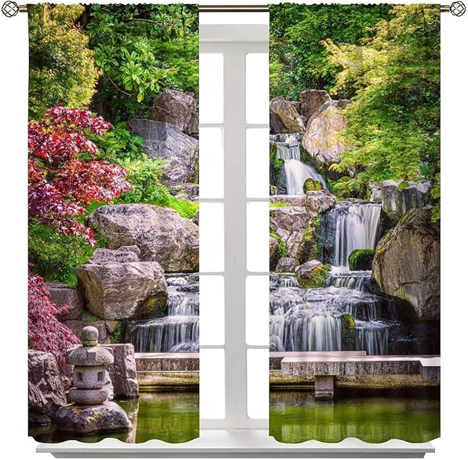 View Waterfall Blackout Curtains, Forest Waterfall Retro Style Natural Scenery Garden Art Landscape Rod Pocket Window Drapes, for Living Room Bedroom 72" W X 63" L