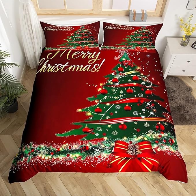 Christmas Tree Duvet Cover Set Queen Size Fir Tree Branches and Deer Print Bedding Set 3pcs for Kids New Year Theme Comforter Cover Merry Christmas Red Quilt Cover with 2 Pillowcases,No Comforter