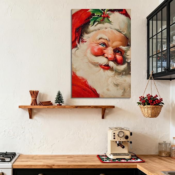 YONICA Christmas Canvas Wall Art Classic Santa 28x40 Inch Traditional Oil Painting Portrait - Large Framed Gallery Wrapped Living Room Art