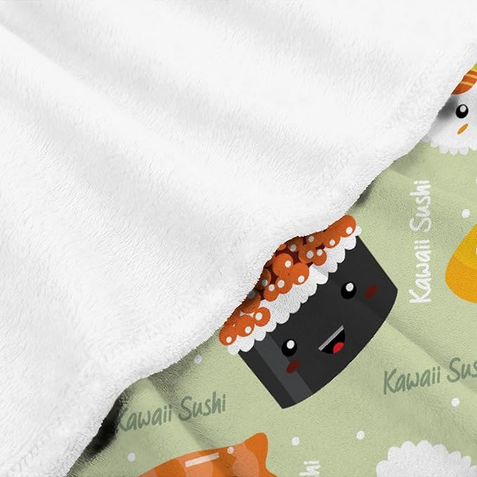 Thuswarm Cute Sushi Kawaii Flannel Throw Blanket Warm Cozy Soft Cartoon Food Print Blankets for Bed Couch Sofa Room Decoration Gifts 80”×60” Large for Adult