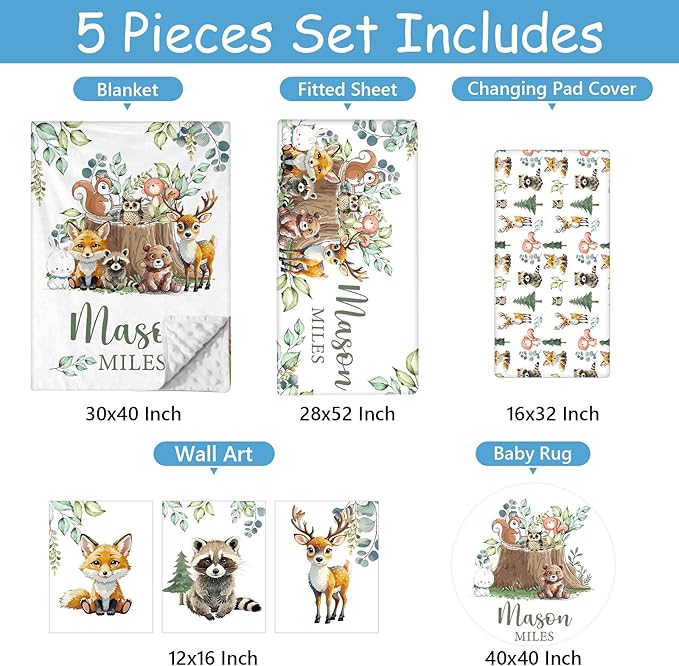 Personalized Woodland Animals Crib Bedding Set, 5 Pcs Custom Name Bedding Crib Set for Baby Boys Girls, Double Layer Nursery Bedding, Baby Crib Set Customized Gift for Toddler Infant Kids