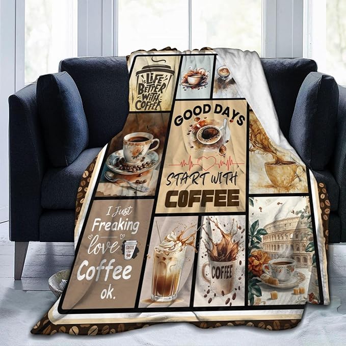 Coffee Blanket Vintage Drink Cup Throw Blankets Gifts for Girls Boys Kids Warm Soft Lightweight Flannel Coffee Bean Plush Throws Fleece Bedding Stuff for Men Women 80"x60"
