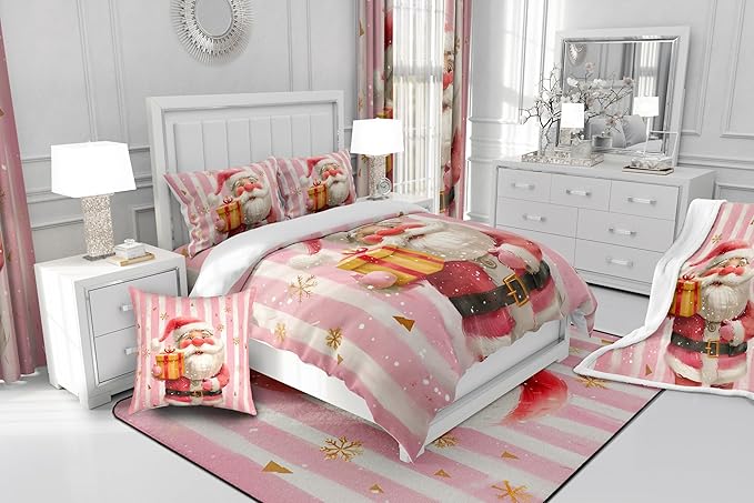 Cartoon Santa Claus Bedding Set Full Size,Merry Christmas Snowflake Comforter Set for Kids Boys Girls Room Decor,Red Pink Stripes Duvet Insert 3Pcs,Xmas Theme Microfiber Quilt Set,2 Pillowcases