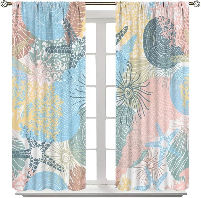 Nautical Decor Curtain Beach Theme Starfish Seashell Nautical Rustic Ocean Sea Vintage Retro Coastal Summer Bedroom Set 2 Panels,42x45 Inches
