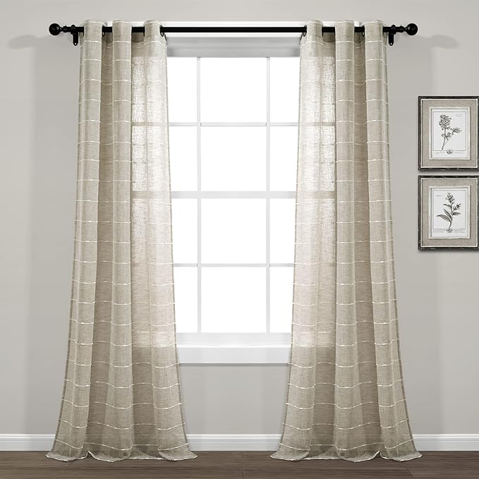 Lush Decor Farmhouse Textured Grommet Sheer Window Curtain Panel Pair, 38"W x 120"L, Neutral