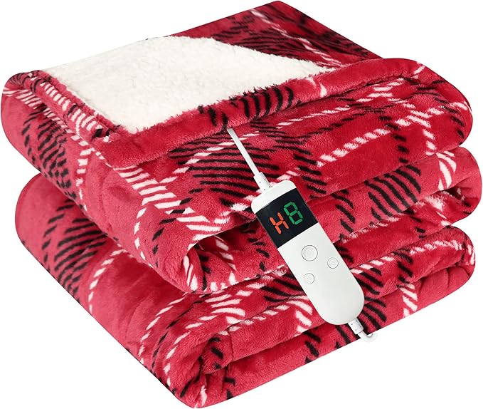 Electric Blanket Heated Twin, Soft Flannel 62"x84" Plaid Heating Blanket with 8 Hours Auto Off 10 Fast Heating Levels Machine Washable Sherpa Heated Blanket with Overheating Protection