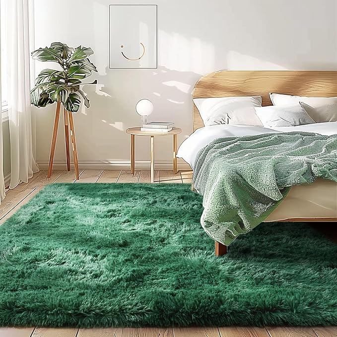 Fluffy Runner Rugs for Bedroom 2x6, Black Green Runner for Hallway Non-Slip, Bedside Shaggy Fuzzy Bedroom Decor