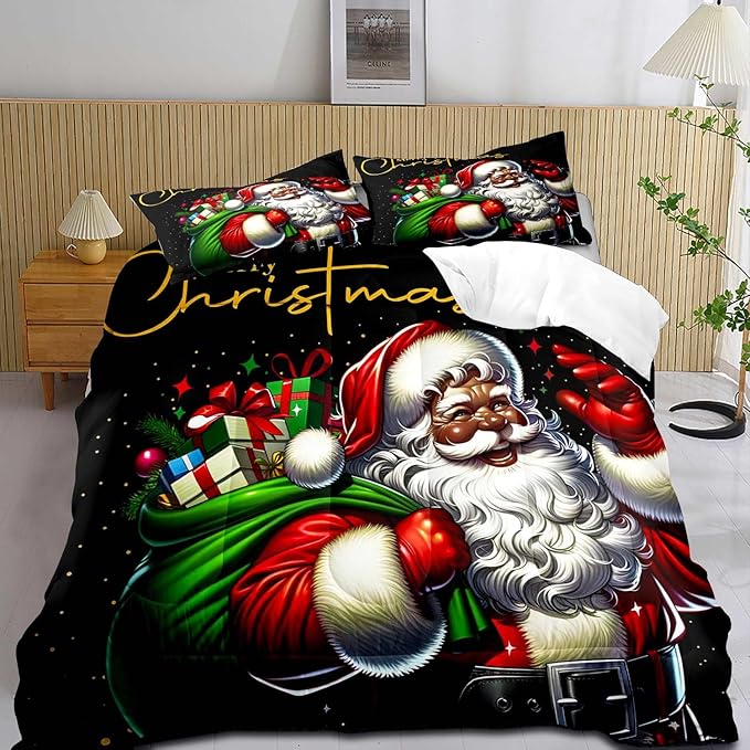 LUVIVIHOME 3PCS Merry Christmas Comforter Set Full Size, African American Black Santa Claus Bedding, Winter Xmas Funny Christmas Bedroom Decor for Kids Boys Girls Teens, Xmas Gifts, 2 Pillow Shams