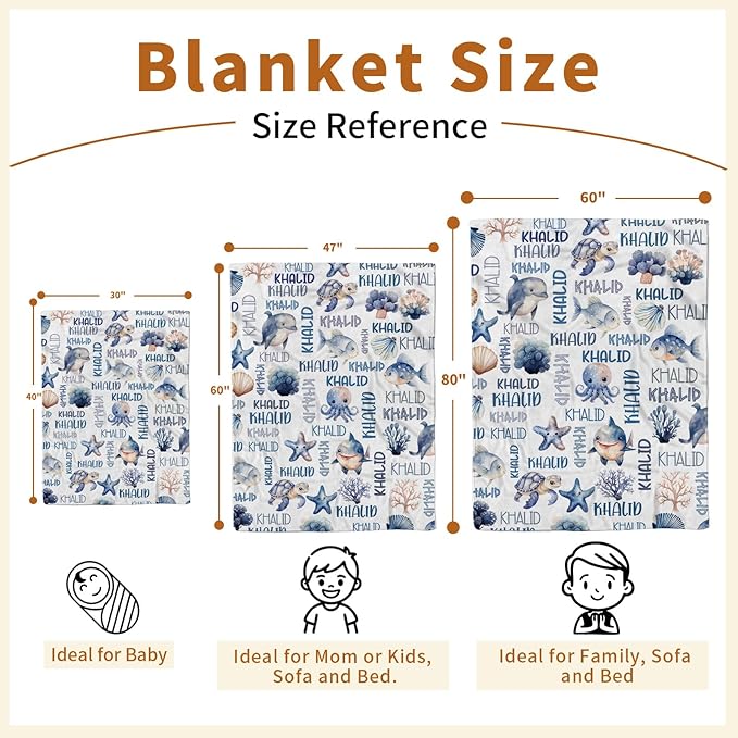 Personalized Baby Blanket with Name, Customized Blanket for Newborn Boys Girls, Ocean Animals Flannel Baby Name Blanket with Dotted Backing, Receiving Swaddle, Gifts for New Parents(30”x40)