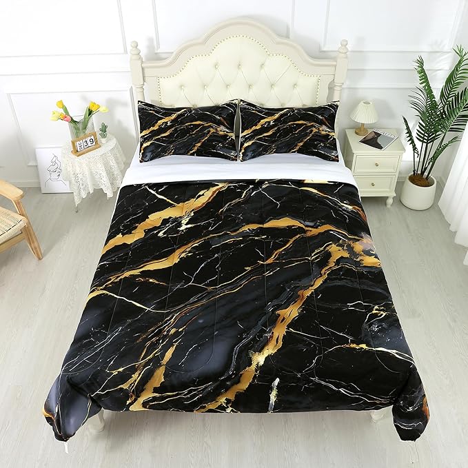 Black and Gold Comforter Set: Twin Size Black Marble Bedding Sets Abstract Marbling Quilts for Teens Kids Boys Modern Aesthetic Bed Set 1 Comforter & 1 Pillow Case