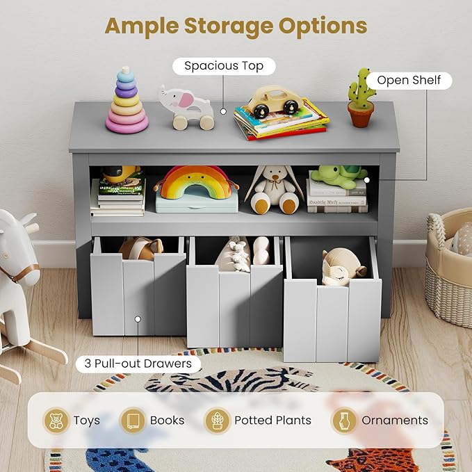 Costzon Toy Storage Cabinet, Toy Chest w/ 3 Removable Drawers, Wheels & Spacious Tabletop, Toddler Storage Organizer for Kids Room, Playroom & Nursery (Grey, 13" D x 40" W x 24.5" H (3 Drawers))