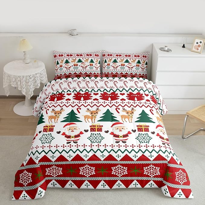 Feelyou Merry Christmas Comforter Set Toddler Size Santa Claus Bedding Set for Kids Boys Girls Cute Deer Duvet Quilt Snowflake Bedroom Decor Microfiber 2 Pcs with 1 Pillow Cases