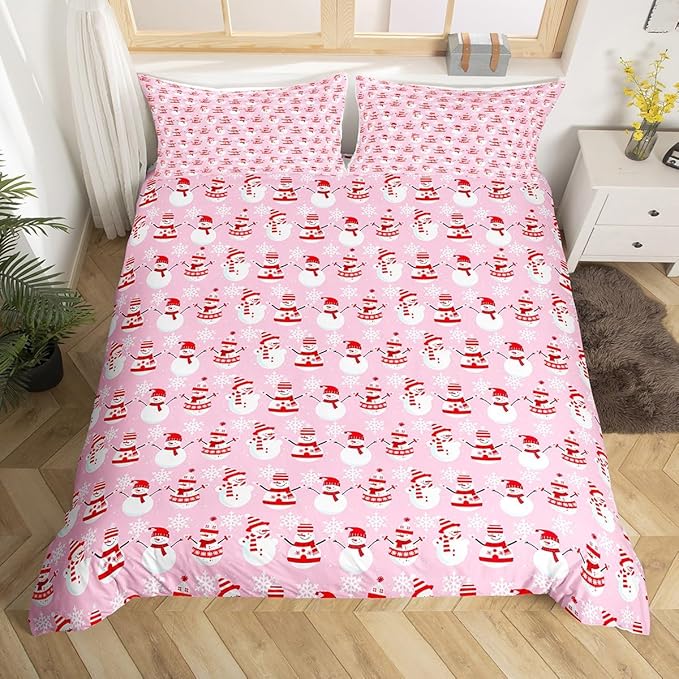 Christmas Bedding Duvet Cover Set Kids Cartoon Christmas Snowman Bedding Set Boys Girls Decor Snowflake Comforter Cover Set Microfiber Pink Xmas Theme Bedspread Cover Bedroom Bedclothes Queen Size