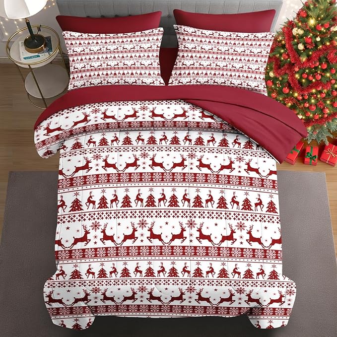 7 Pcs King Size Christmas Comforter Set with 2 Pillowcases & 2 Shams, Red Winter Funny Reindeer Bedding for Kids and Adults, Pine Tree Snowflake Bed in a Bag with Flat Fitted Sheet