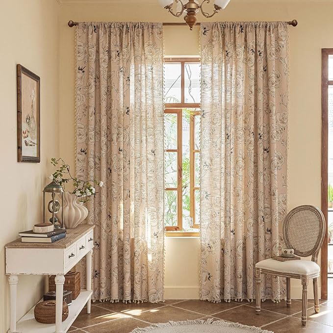ENJOYBRIDAL Floral 84 Inch Curtains 2 Panel Set Coquette Rod Pocket Drapes Boho Bedroom Semi Sheer Aesthetic Window Curtain Panels Farmhouse Living Room Decorations Vintage Tassel Window Treatments