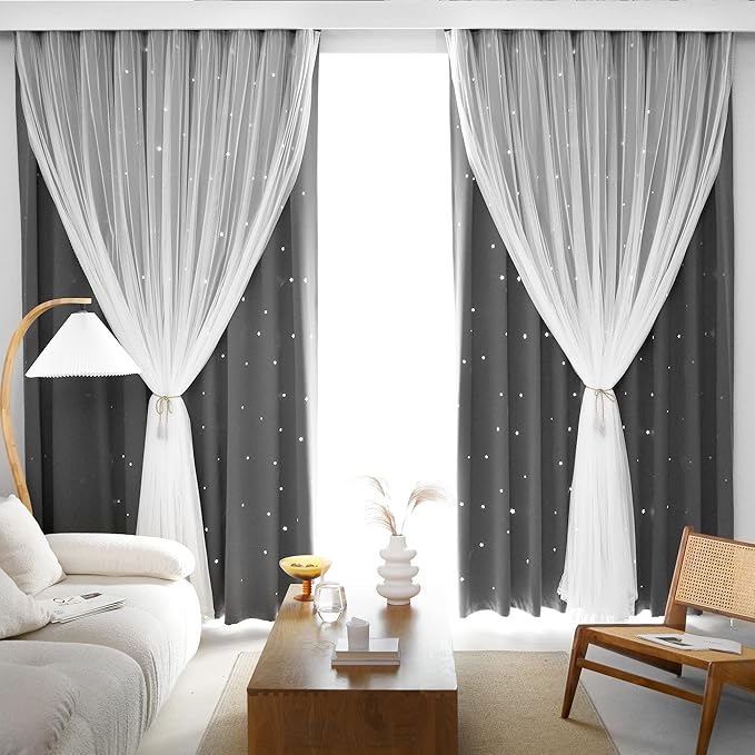 Kinryb Kids Blackout Curtains for Bedroom/Living Room/Classroom, Sheer Overlay 2 Panel Set, Double Layer Curtains with Star Cutout for Kids Room(Each Piece W 70 x L 84 Inches 2 Pcs Grey)