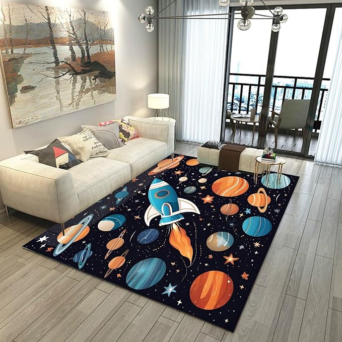 Space Rocket Rug for Boys Room Rugs Cartoon Planet Carpet Galaxy Stars Printed Throw Rugs for Kids Teens Doormat Bedroom Living Room,31 in X 47 in