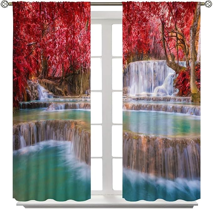 Natural Landscape Waterfall Blackout Curtains, Scenic View Waterfall Forest Autumn Window Drapes, for Bedroom Living Room 72" W X 63" L