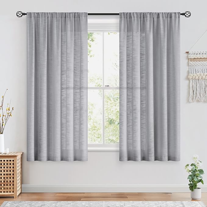 FMFUNCTEX Linen Semi Sheer Curtains 45 Inches Long for Bedroom Living Room, Grey Curtain Panels Sheer Linen Textured Window Drapes Farmhouse Light Filtering Gray 2 Panels Rod Pocket