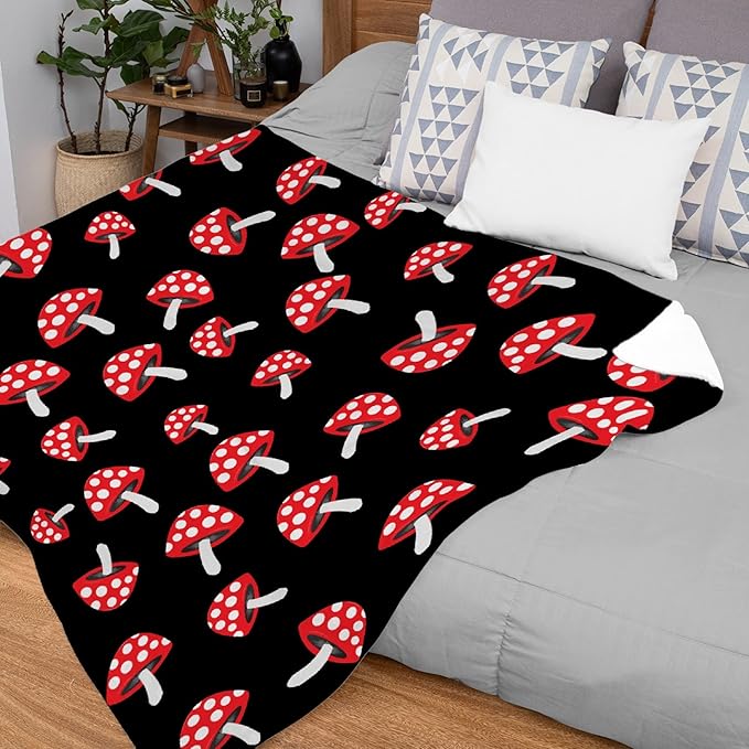 Thuswarm Cute Red Mushroom Flannel Blanket for Autumn Winter Gifts Warm Cozy Soft Funny Print Throw for Bed Couch Sofa 80”×60” Large for Adult