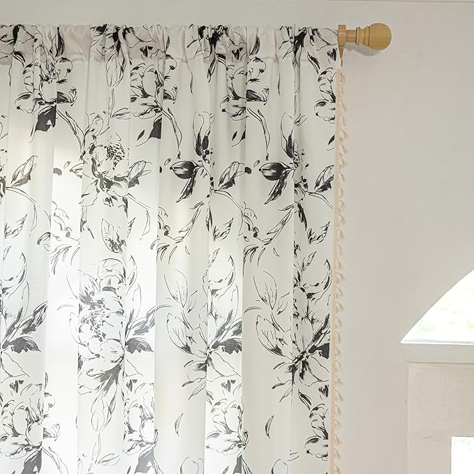 ENJOYBRIDAL Floral Curtains 84 Inches Semi Sheer Living Room Drapes Boho Bedroom Patterned Rod Pocket Window Curtain Panels Floor Length Cute Light Filtering Farmhouse 2 Panels Window Treatments