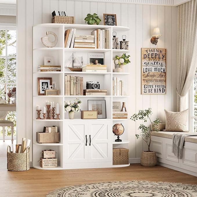 HOSTACK 75" Tall Book Shelf and Bookcase, 6 Tier Bookshelf with Storage, 47" Wide Bookcase with Doors, Freestanding Wood Display Shelves with Book Storage Cabinet for Home Office, Living Room, White