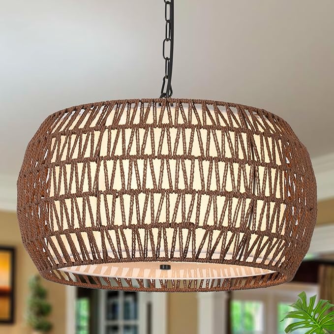 Rattan Farmhouse Chandelier Light Fixtures,5-Lights Boho Large Pendant Light,Woven Chandeliers for Dining Room with Fabric Shade,Rustic Hanging Light Fixtures for Kitchen Island-Dark Brown