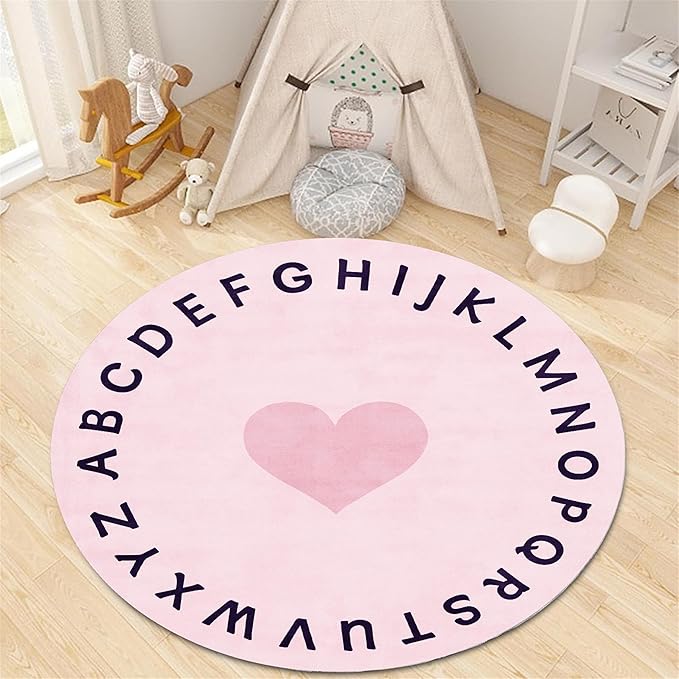 Super Soft Pink Round Rug,6ft,Children's ABC Letter Educational Learning Rug, Non-Slip Washable Nursery Rug, Children's Crawling Play Mat, Suitable for Boys And Girls Bedroom Playroom Decoration