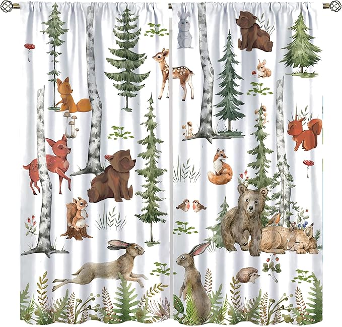 Animal Kids Curtains, Woodland Squirrel Rabbit Bear Animal Friends Forest Curtains for Boys and Girls Bedroom Living Room Kitchen 55x63in